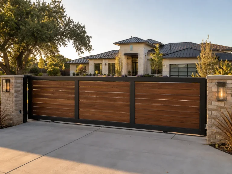 Custom steel driveway gate built by General Fence Contractors
