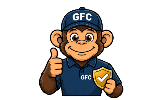 GFC mascot giving a thumbs up with a licensed and insured shield