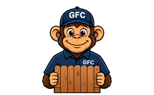 GFC mascot holding a residential wood fence panel