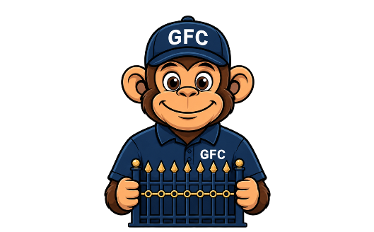 GFC mascot holding a commercial wrought iron fence panel